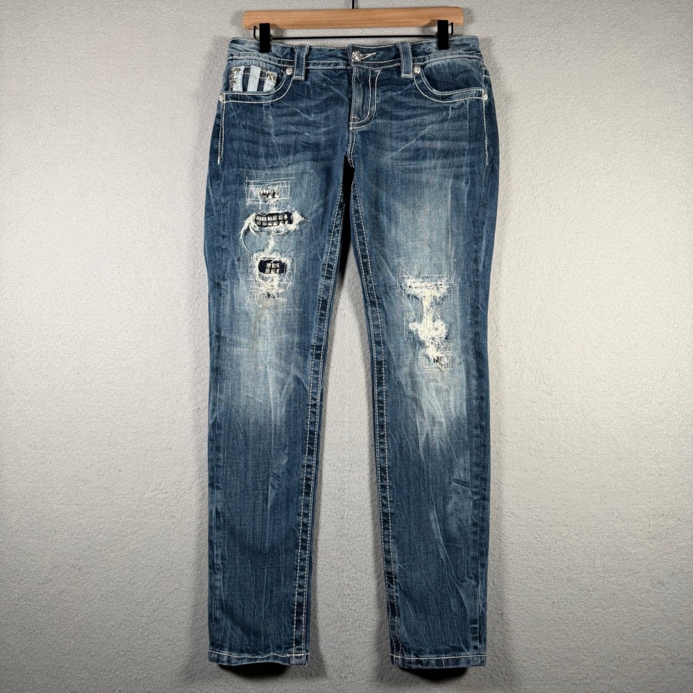 Miss Me Signature Cuffed Skinny Distressed Embellished Jeans JP7203CK Size 29